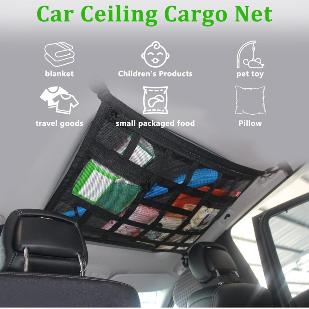 Car Ceiling Cargo Net Pocket 36.7X 26.5in Large Size with 3 Zipper Storage Bags - Picture 2 of 7